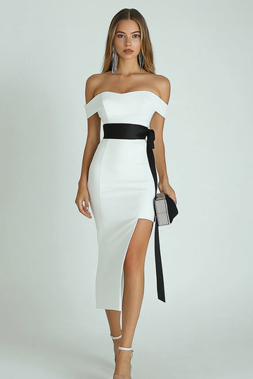 Biało-satynowa asymetryczna sukienka bodycon